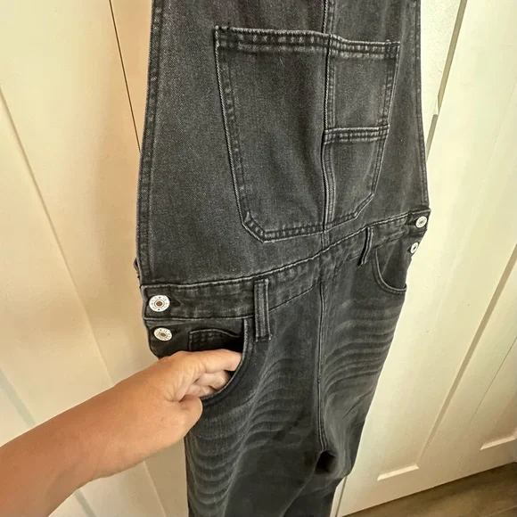 Washed Black Denim Overalls with Front Bib Pocket - Picture 3 of 7